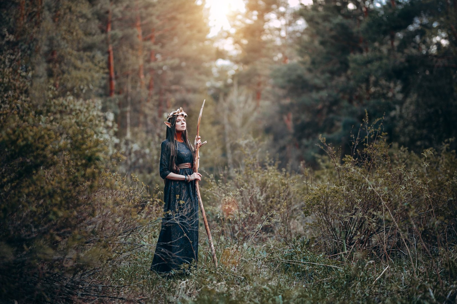 beautiful elf woman fabulous, fairy forest, famtasy young woman with long ears, long dark hair