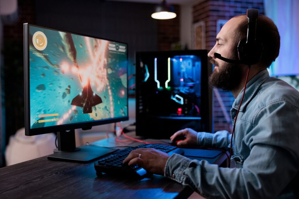 Modern gamer streaming rpg video games online on pc